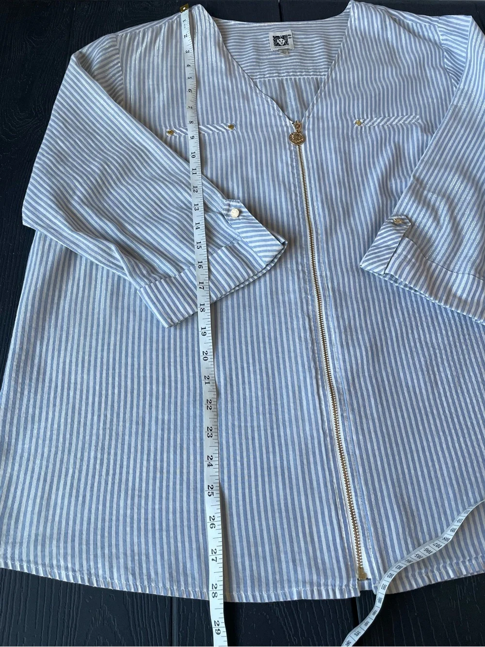Anne Klein Swimsuit Cover Up Full Zip Blue White Gold Pinstripe Coastal Size XL